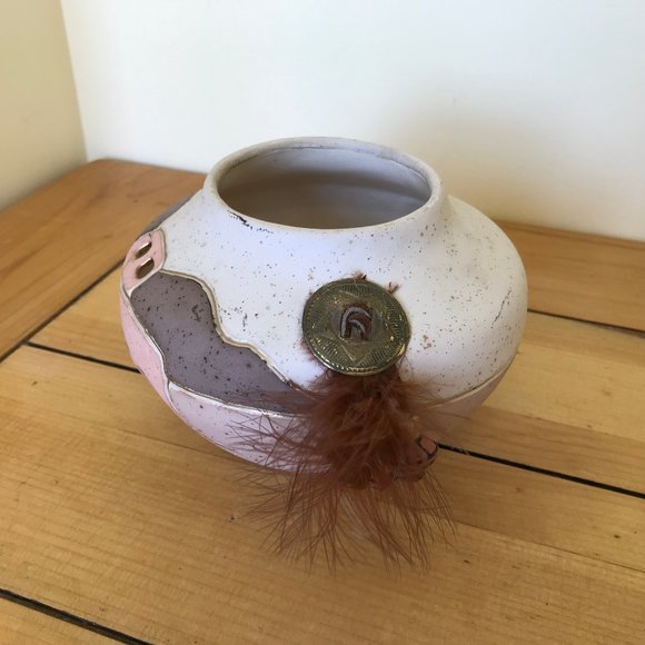 Adobe Desert Art Pottery Vase Tea Light Bowl with Cutouts Feather Concho Mexico - Picture 2 of 8